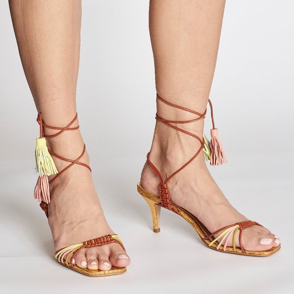 OPEN TOE SHORT HEEL WRAP GOLD AND BROWN SANDALS WITH MULTI-COLOR TASSELS - Picture 1 of 4